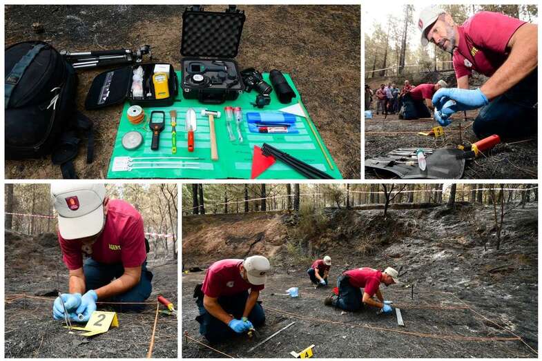 El inspector coordinador de la BRIFF, Juan Carlos Santana, y su equipo reprodujeron hoy un escenario de investigación para explicar el proceso de investigación de un fuego (Foto TA)